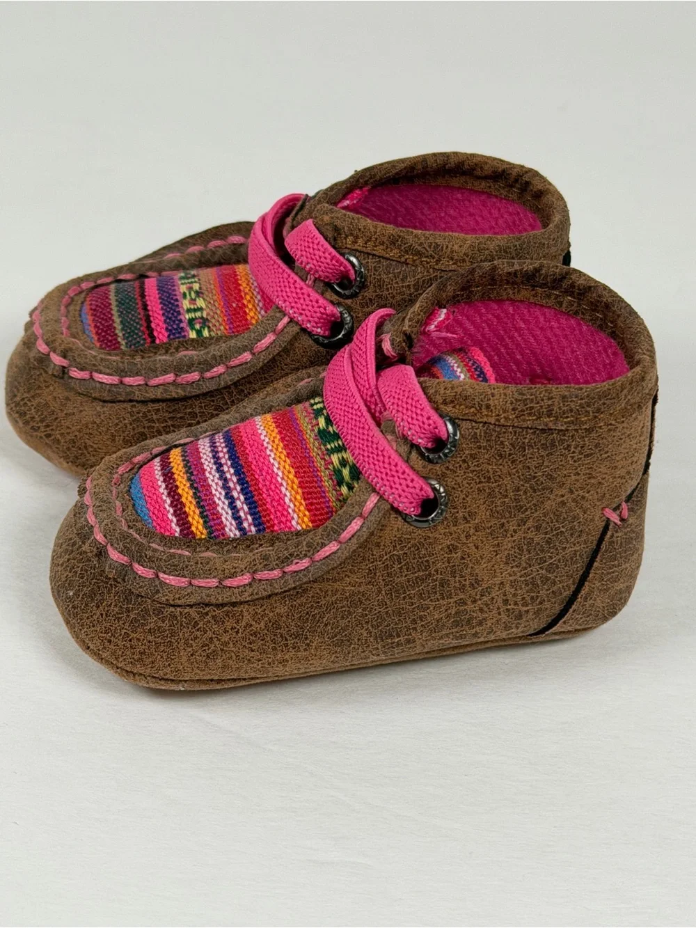 Ariat Infant Western Crib Shoes Brown Pink Moccasin Soft Sole 4” Outsole